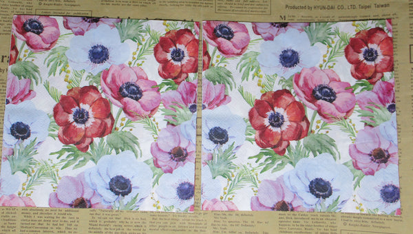 Paper Napkins (Pack of 2) Coloured Poppies Blue Pink and Deep Red