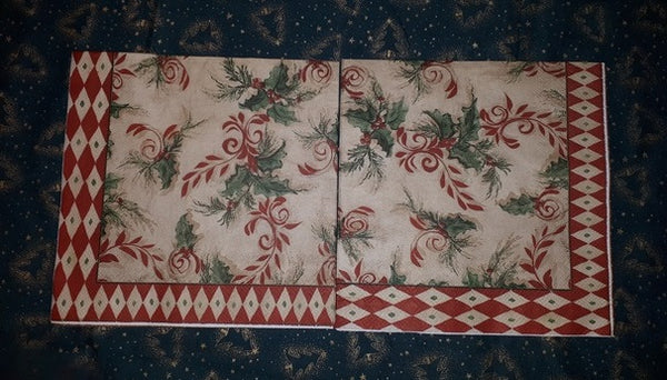 Paper Napkins (Pack of 2) Christmas Holly, Red and Green, Diamonds, Elegant Holly.