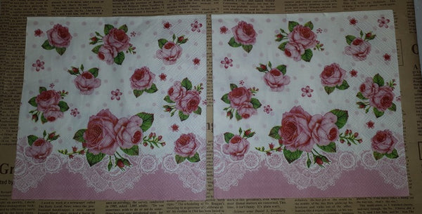 Paper Napkins (Pack of 2) Pink Roses Lace Shabby Chic