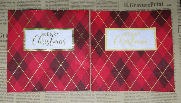 Paper Napkins (Pack of 2) Foiled Gold on Red Diamond Tartan Merry Christmas