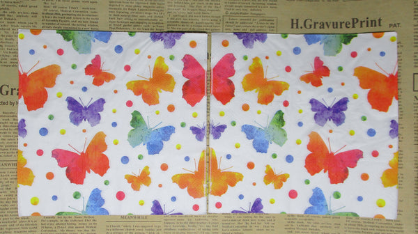 Paper Napkins (Pack of 2) Coloured Watercolour Butterflies and Dots