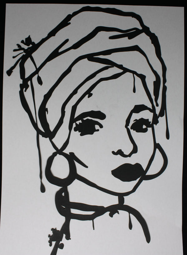 Black Cardstock Scribble Lady with Earrings