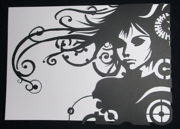 Black Cardstock Lady with Swirly Hair and Cogs