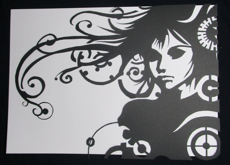 Black Cardstock Lady with Swirly Hair and Cogs