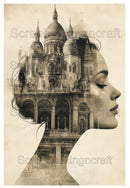 Acetate Transparency Coloured Fantasy Face Thinking about Buildings