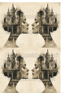 Rice Collage Paper Fantasy Face Thinking about Buildings