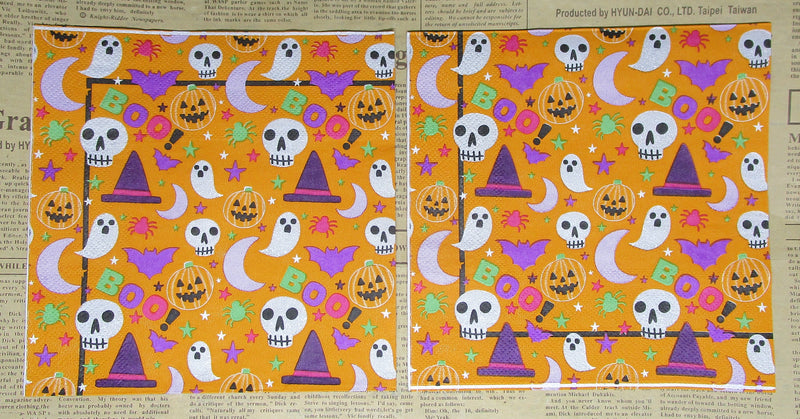 Paper Napkins (Pack of 2) Orange Background with Icons Ghost Hat Bat Boo Moon Spider