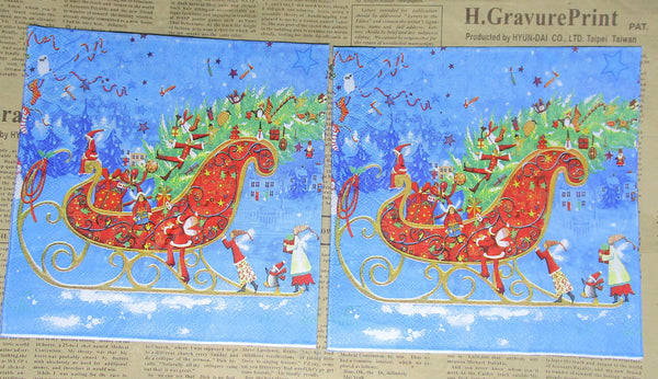 Paper Napkins (Pack of 2) Red Sleigh with Presents on Blue Background