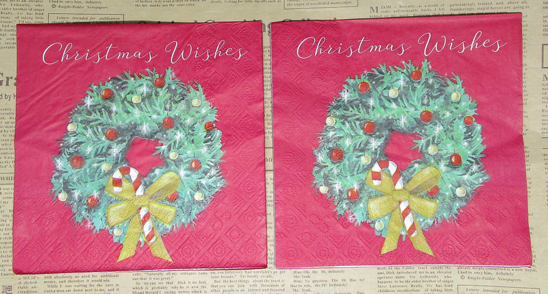 Paper Napkins (Pack of 2) Christmas Wishes with Green wreath and Bow