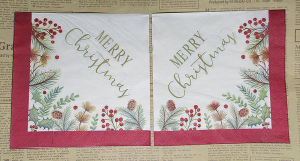 Paper Napkins (Pack of 2) Merry Christmas with foliage and berries corner design