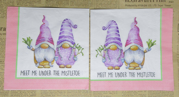 Paper Napkins (Pack of 2) Pink Gnomes Meet me under the Mistletoe Gnome Couple