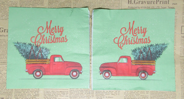 Paper Napkins (Pack of 2) Merry Christmas Red Pickup Truck wirth Green Tree