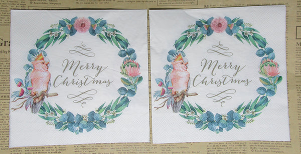 Paper Napkins (Pack of 2) Merry Christmaws Galah with wreath and flowers