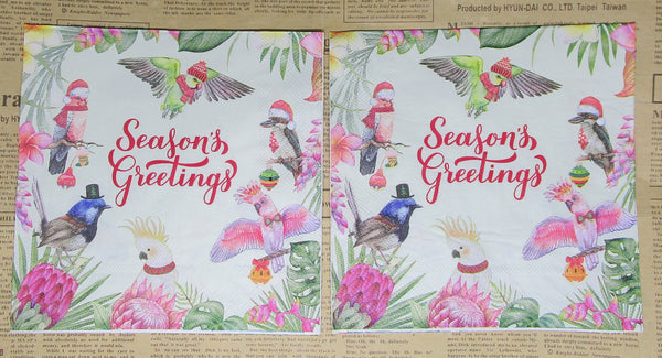 Paper Napkins (Pack of 2) Seasons Greetingswith Christmas Birds Cockatoo Blue Wren Kookaburra