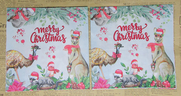 Paper Napkins (Pack of 2) Seasons Greetingswith Christmas Animals Emu Kangaroo Possum