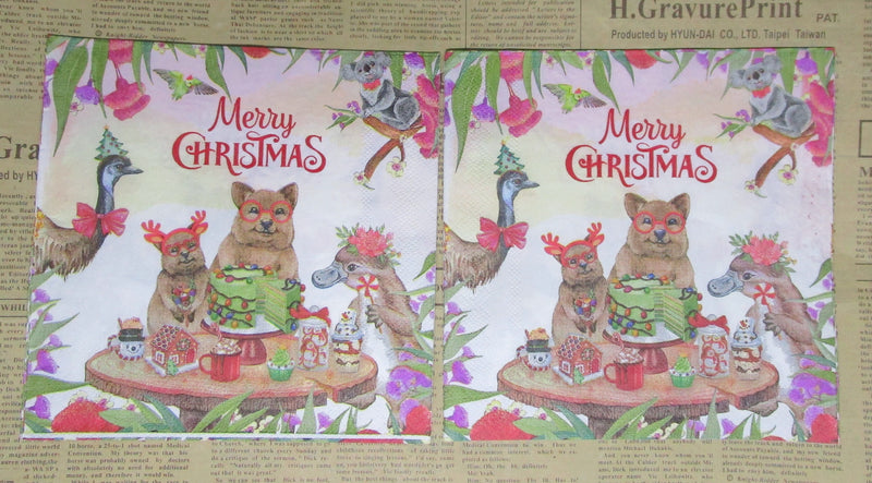 Paper Napkins (Pack of 2) Merry Christmas Party with Australia Animals Emu Platypus Cake Koala