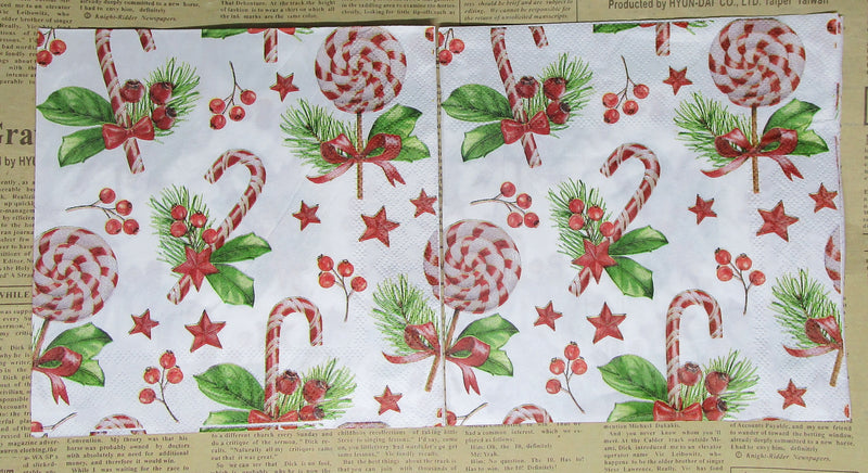 Paper Napkins (Pack of 2) Candy Cane Lollipops Berries Holly Sprigs