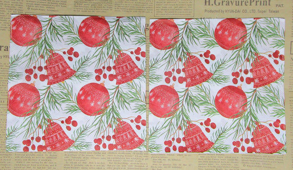 Paper Napkins (Pack of 2) Red Baubles and Bells Pink foliage and Berries