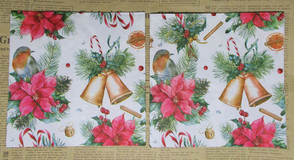 Paper Napkins (Pack of 2) Bird Pintsettia Bells Clusterd Candy Canes Pinecones