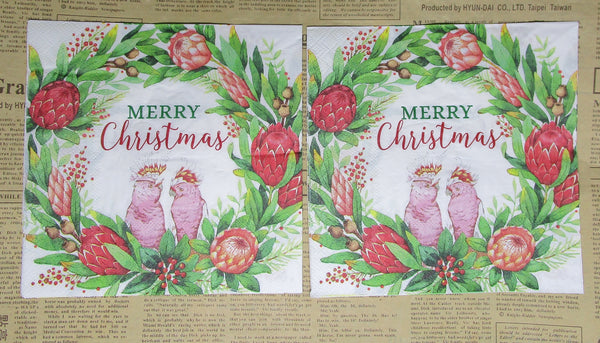 Paper Napkins (Pack of 2) Merry Christmas Galah Prottea Wreath Australian (Copy)