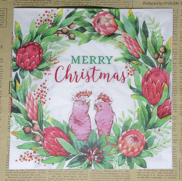 Paper Napkins (Pack of 2) Merry Christmas Galah Prottea Wreath Australian