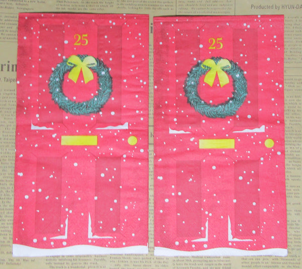 Paper Napkins (Pack of 2) Red Christmas Door with Wreath and Snow Flakes