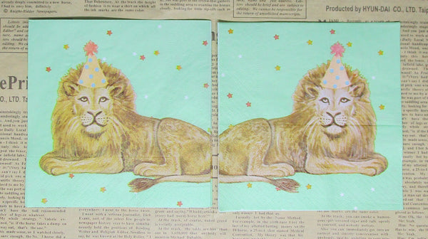 Paper Napkins (Pack of 2) Cocktail Size Lion with Party Hat Green Background