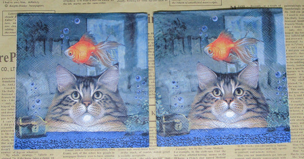 Paper Napkins (Pack of 2) Cocktail Size Cat Looking at Gold Fish Treasure Chest