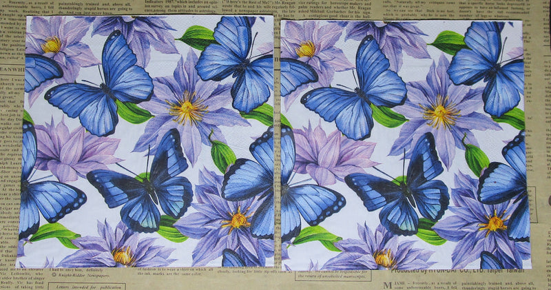 Paper Napkins (Pack of 2) Big Beautiful Blue Butterflies and Purple Flowers
