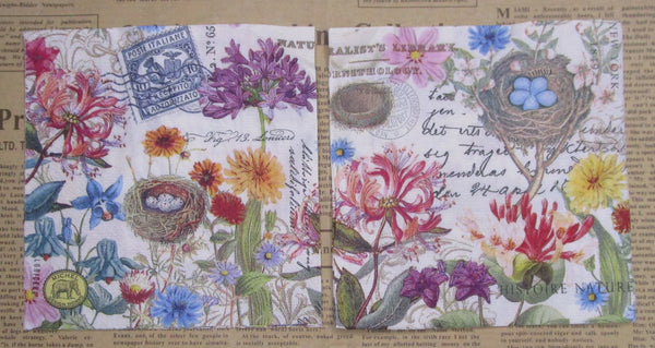 Paper Napkins (Pack of 2) Flowers Postage Stamp Bird's Nest Writing