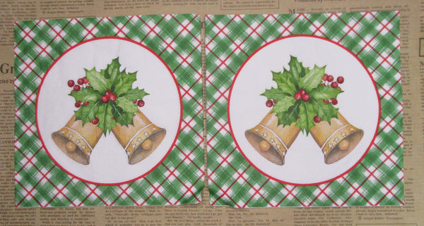 Paper Napkins (Pack of 2) Golden Bells in a Circle Christmas Gingham