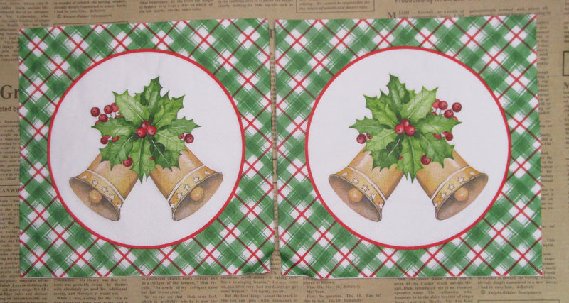 Paper Napkins (Pack of 2) Golden Bells in a Circle Christmas Gingham