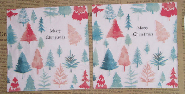Paper Napkins (Pack of 2) Watercolour Look Christmas Trees Merry Christmas