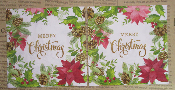 Paper Napkins (Pack of 2) Poinsettia Pinecones Foliage Merry Christams