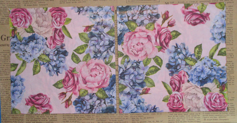 Paper Napkins (Pack of 2) Red and Pink Roses, Blue Hydrangea