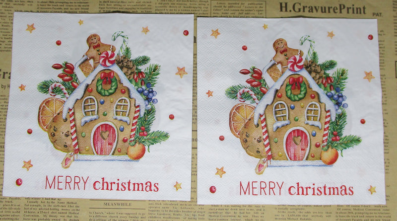 Paper Napkins (Pack of 2) Merry Christmas Gingerbread House Gingerbreadman Holly