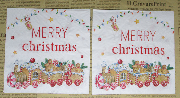 Paper Napkins (Pack of 2) Merry Christmas Gingerbread Train String of Lights