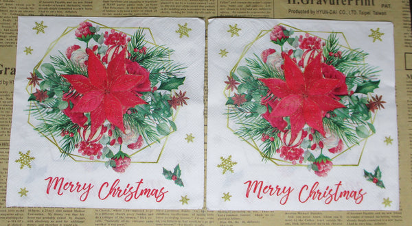 Paper Napkins (Pack of 2) Merry Christmas Poinsettia Berries in Gold Frame Holly