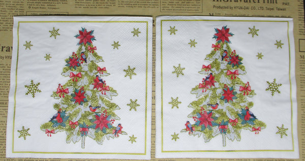 Paper Napkins (Pack of 2) Christmas Tree Gold with Poinsettia Snowflakes