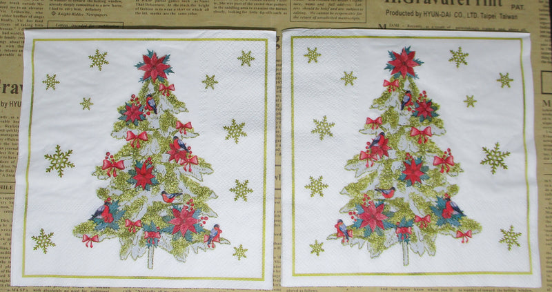 Paper Napkins (Pack of 2) Christmas Tree Gold with Poinsettia Snowflakes