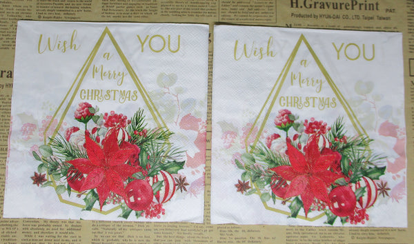 Paper Napkins (Pack of 2) Pointsettia Berries Baubles in a Gold Frame Triangle