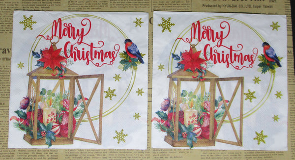 Paper Napkins (Pack of 2) Merry Christmas Lantern with Candle Bird Holly in Circle