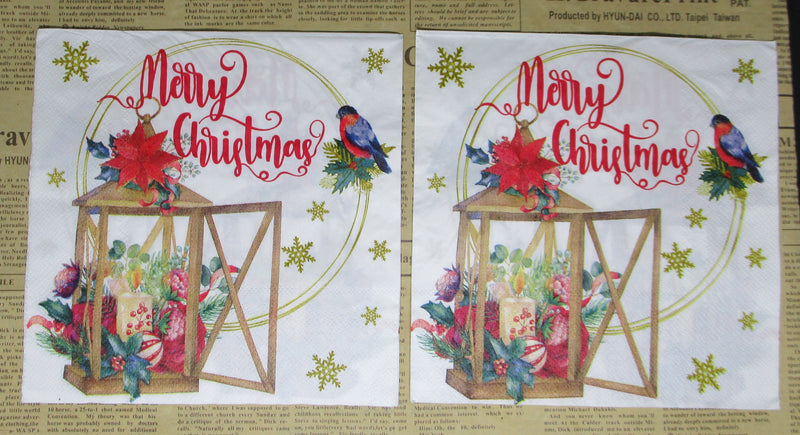 Paper Napkins (Pack of 2) Merry Christmas Lantern with Candle Bird Holly in Circle