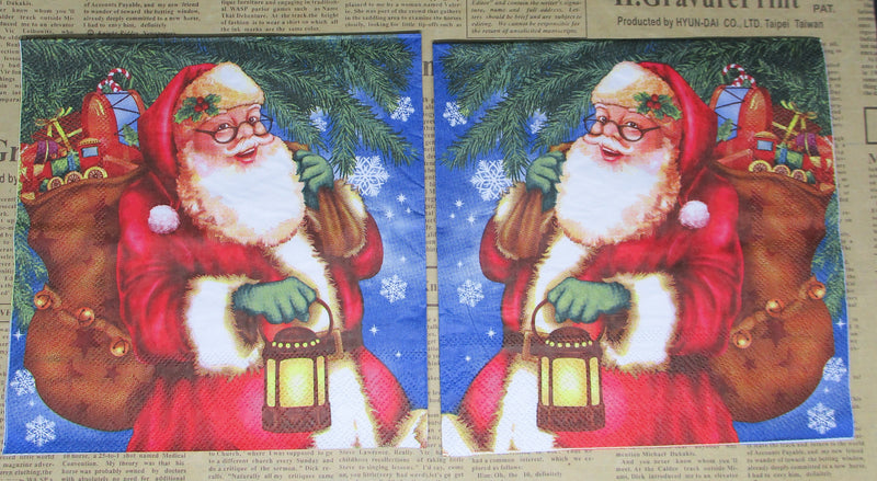 Paper Napkins (Pack of 2) Jolly Santa with Lantern Sack with toys snow flakes