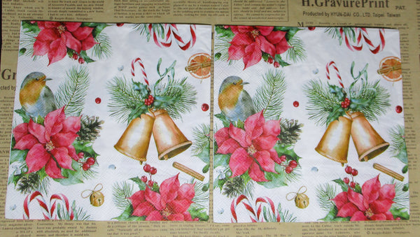 Paper Napkins (Pack of 2) Poinsettia Bird Bells Candy Cane Pine Needles