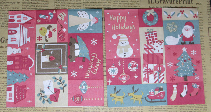 Paper Napkins (Pack of 2) Happy Holidays Squares Collage Santa Snowman Stocking Presents Wreath