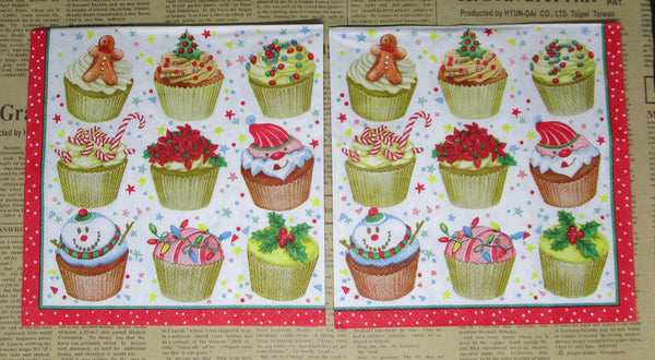 Paper Napkins (Pack of 2) Christmas Cupcakes Candy Cane Gingerbread Holly Santa