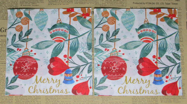 Paper Napkins (Pack of 2) Red and Green baubles with branches foliage flowers Merry Christmas