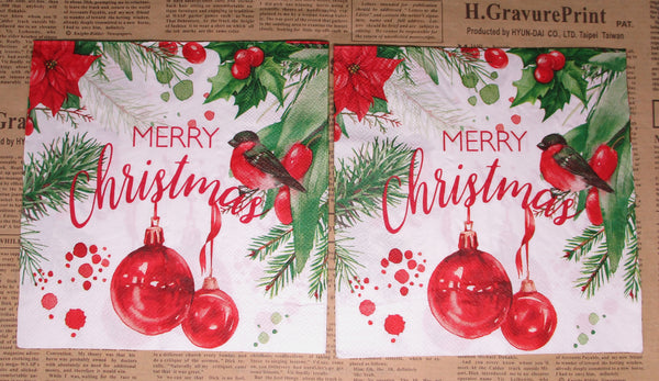 Paper Napkins (Pack of 2) Merry Christmas Baubles Poinsettia Pine Needles Leaves