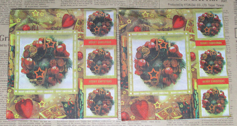 Paper Napkins (Pack of 2) Merry Christmas Decorated Wreath  Multi Squares